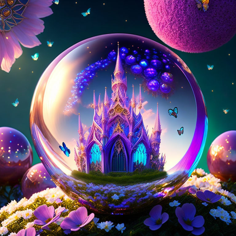 Glowing purple castle in crystal ball with bubbles and butterflies