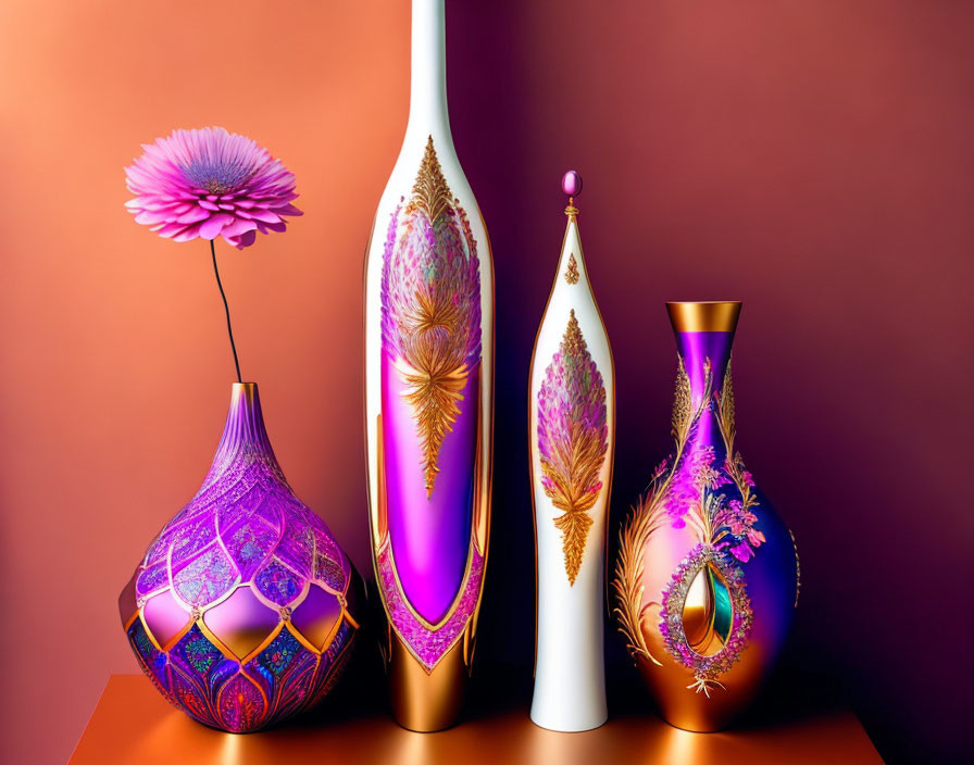 Purple flower in vase with ornate gold and purple vases on warm background