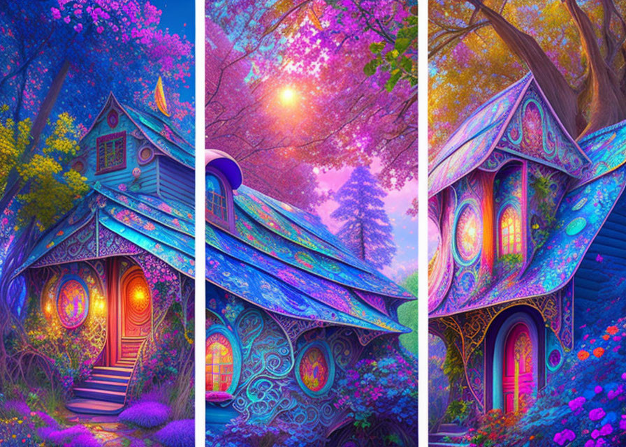 Vibrant glowing treehouses in fantasy forest settings