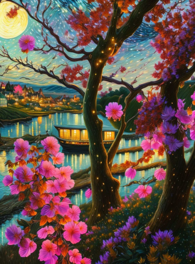 Moonlit Cherry Blossom Landscape with Tranquil River