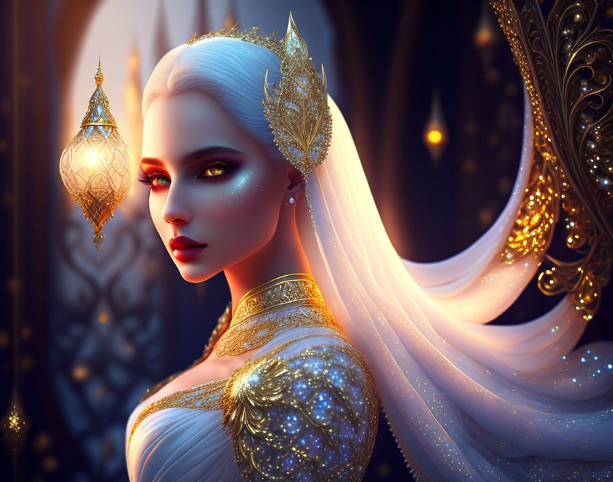 Ethereal woman with white hair and golden jewelry against dark, ornate background