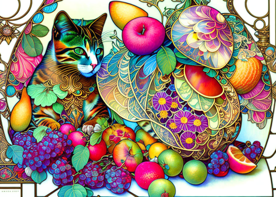 Colorful Illustration of Cat with Fruits and Flowers