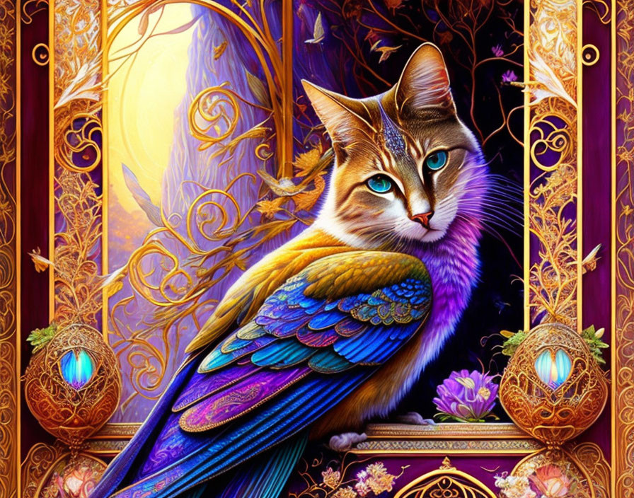 Fantastical creature with cat head and bird body in colorful illustration