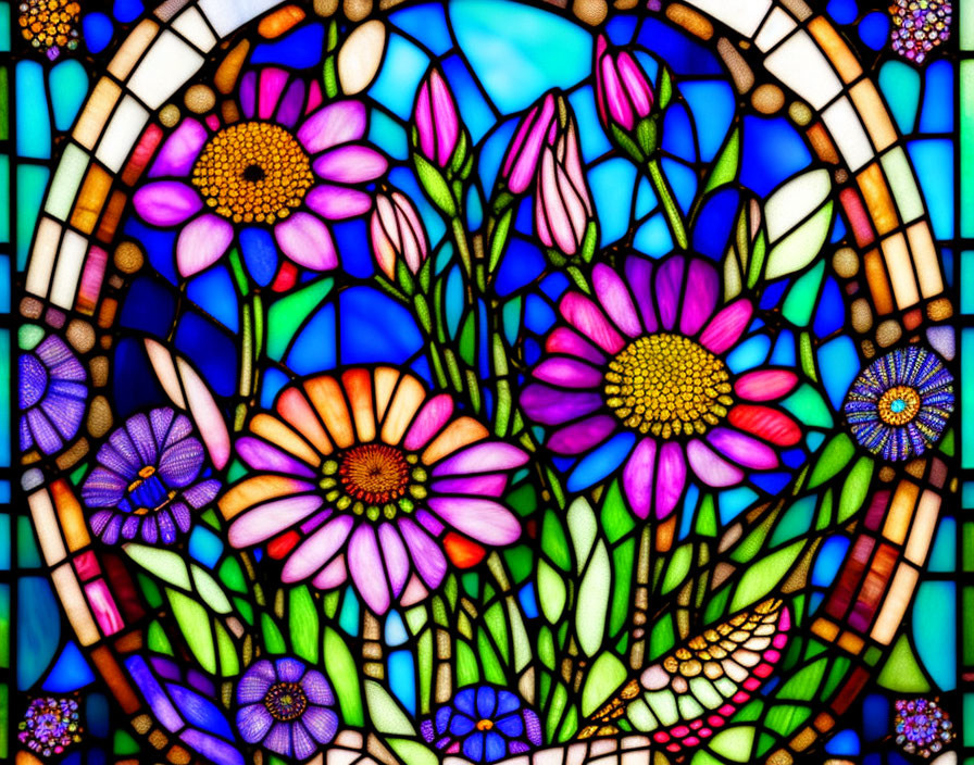 Vibrant Stained Glass Window with Floral Bouquet Design