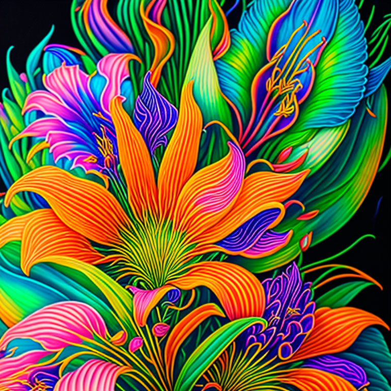 Vibrant Tropical Flowers and Leaves in Lush Colors