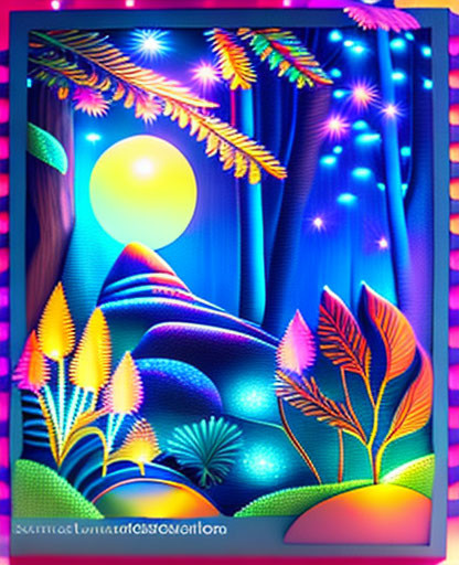 Neon-colored tropical landscape with glowing leaves and radiant sun