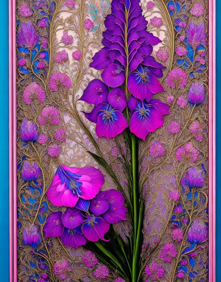 Purple Flowers with Gold Patterns on Textured Background in Pink Frame