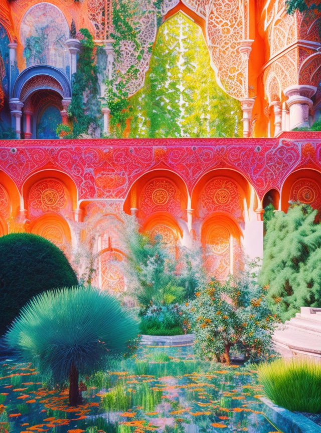 Colorful garden with red-orange arches, green foliage, and serene blue pond