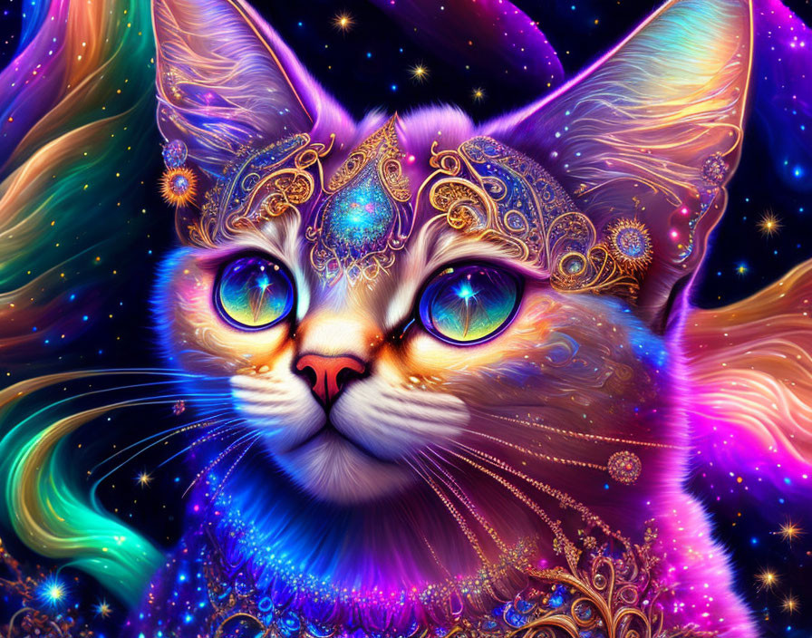 Colorful Cat Artwork with Cosmic Background and Golden Accents