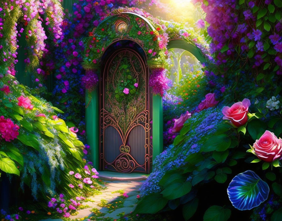 Ornate door framed by vibrant flowers and greenery