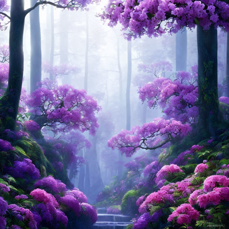 Mystical forest with purple blossoms and foggy ambiance