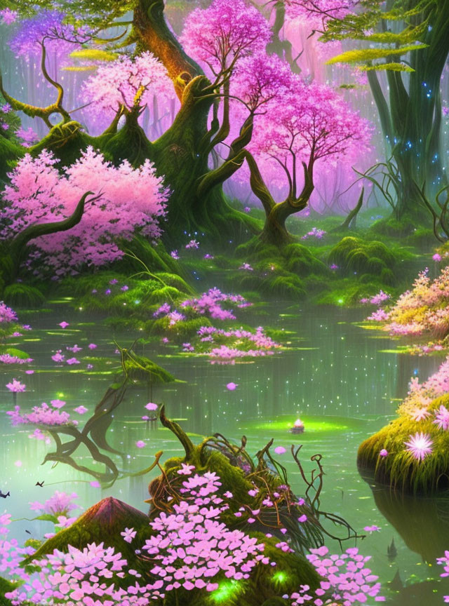 Serene Fantasy Landscape with Cherry Blossoms and Pond