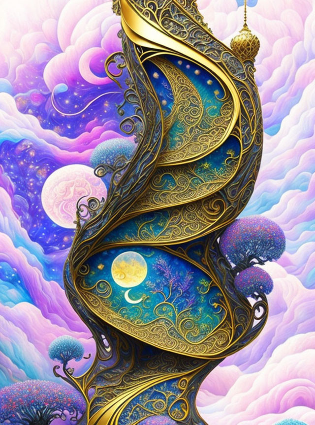 Intricate golden structure with swirling designs and whimsical trees on pink and purple clouds.