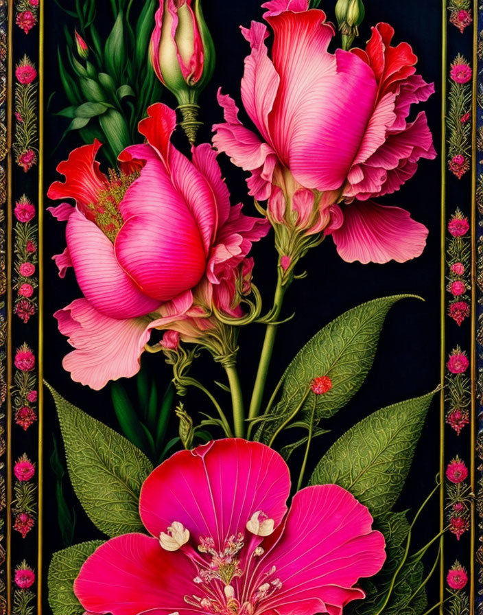 Vibrant Composition of Pink Flowers on Black Background