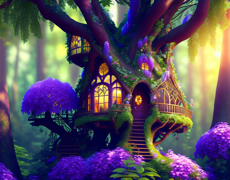 Vibrant purple foliage treehouse in enchanting forest