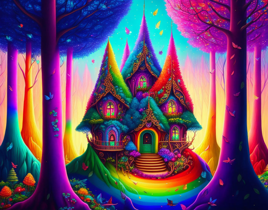 Colorful Whimsical Illustration: Magical House, Pointy Roofs, Colorful Trees,