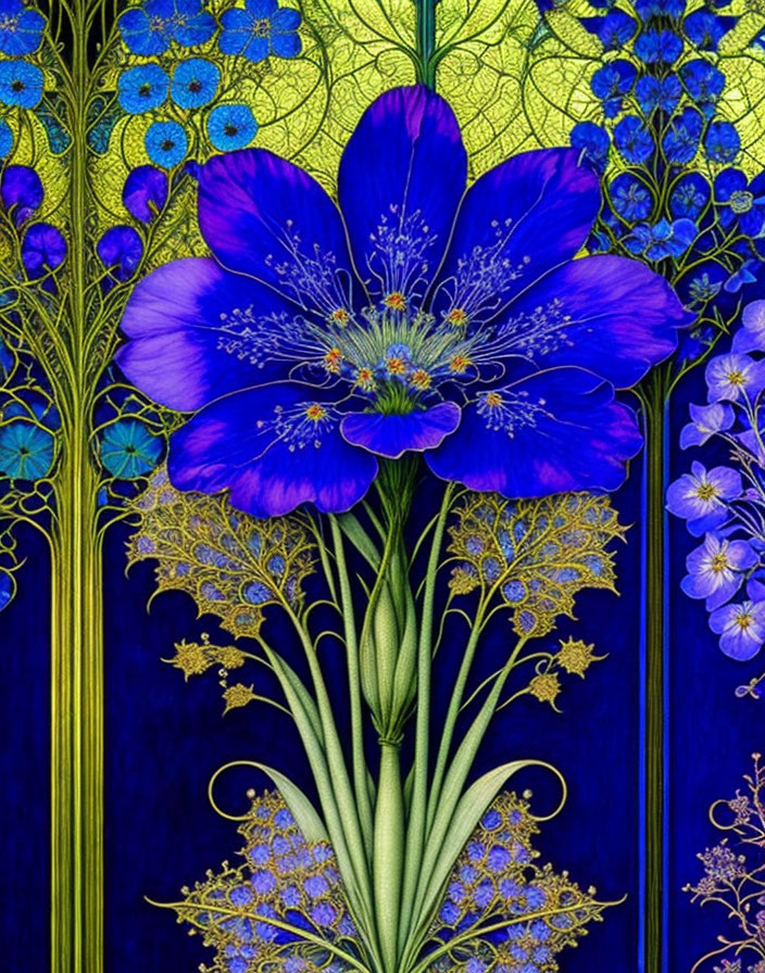 Vibrant blue flowers on dark background with art nouveau decor