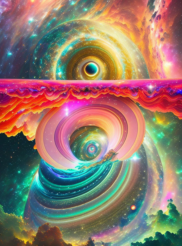 Colorful digital artwork: swirling cosmic structures in dreamlike celestial scene