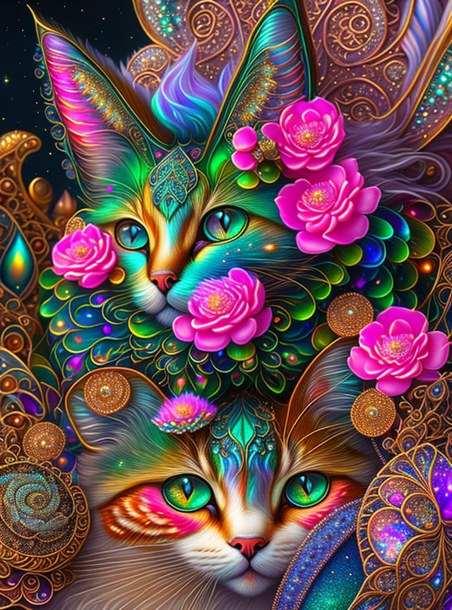 Colorful surreal artwork: Two cats with intricate patterns and flowers on cosmic background