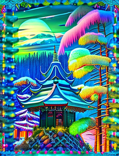 Colorful Psychedelic Landscape with Pagoda Structure and Neon Trees