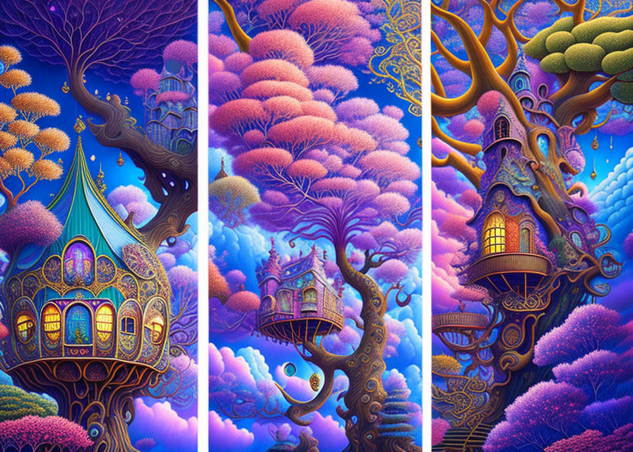 Colorful Triptych of Fantasy Treehouses in Whimsical Landscape