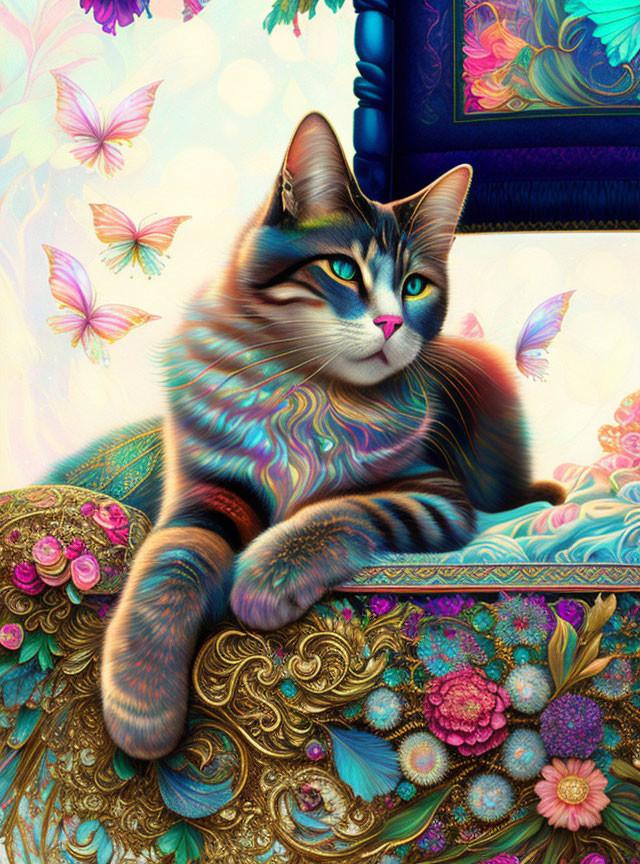 Colorful illustrated cat with striking fur patterns in vibrant floral tapestry