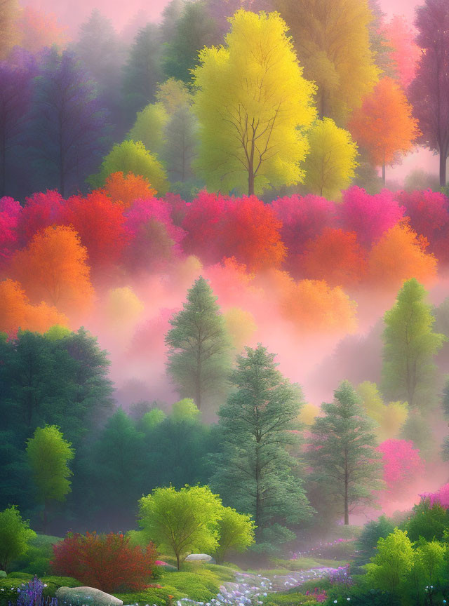 Vibrant Forest Scene with Colorful Trees and Mist