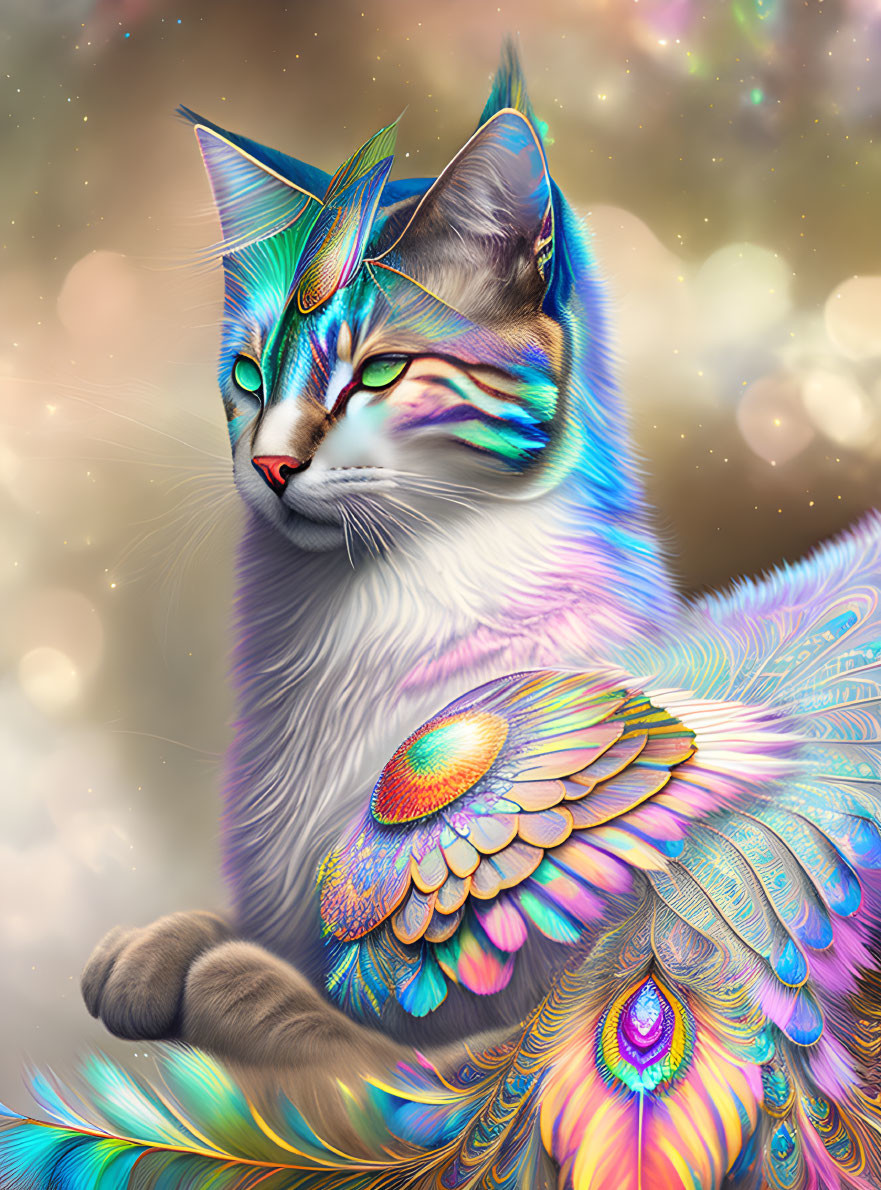 Colorful Cat Illustration with Rainbow Feathers and Ornate Patterns