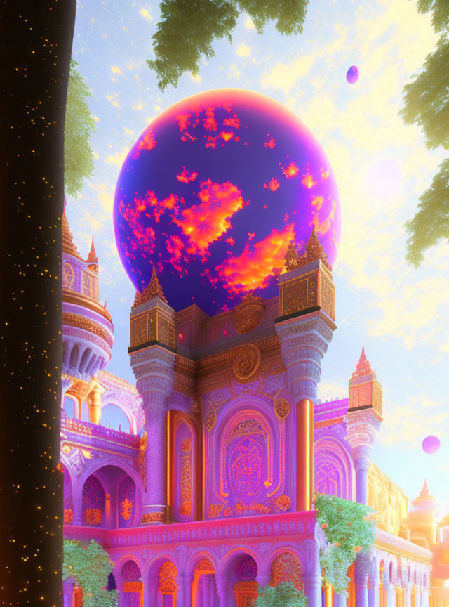 Purple and Gold Architecture with Colorful Planet and Orbs in Pink Sunset Sky