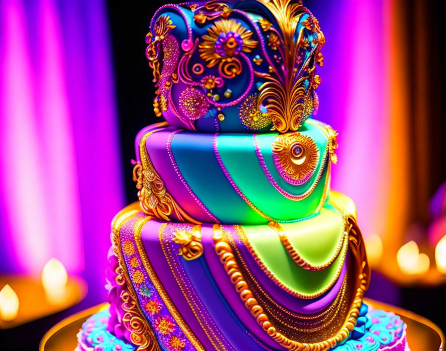 Colorful Tiered Cake with Gold Embellishments on Blurred Background