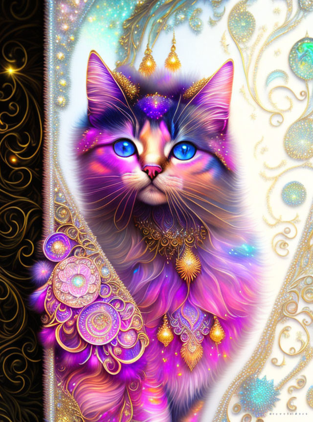 Fantastical cat digital artwork with blue eyes and cosmic background