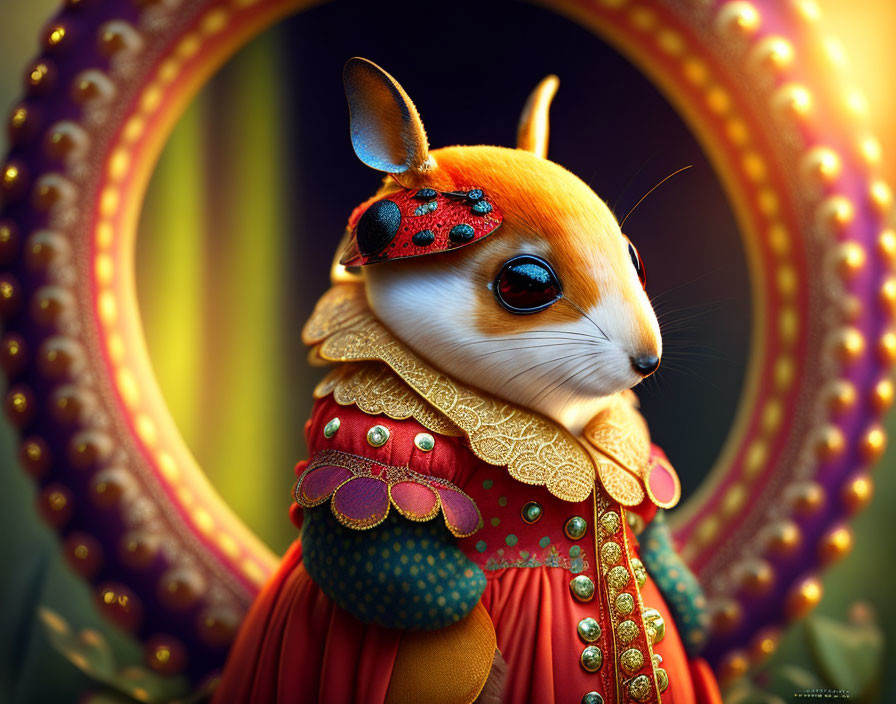 Anthropomorphic squirrel in red and gold outfit with headdress on decorative backdrop