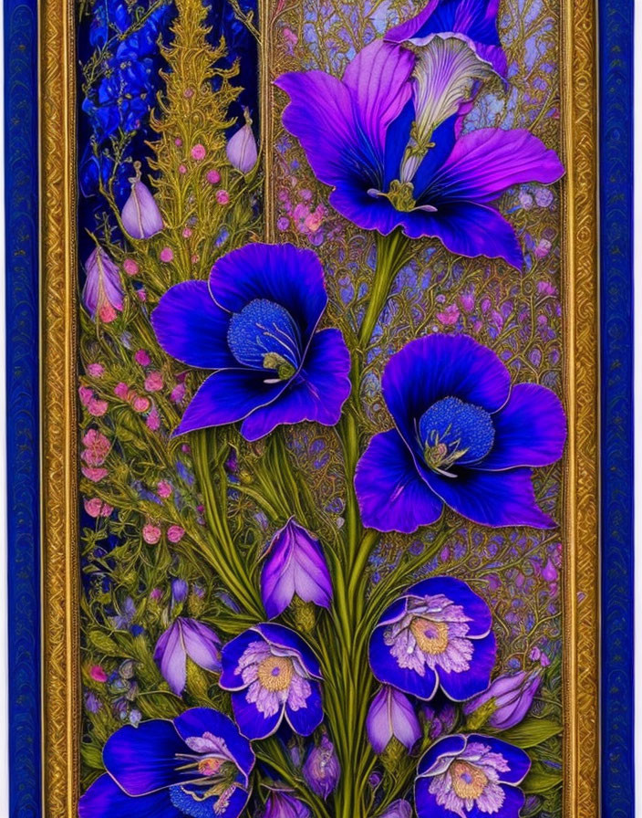 Vibrant blue and purple flowers in ornate golden frame on blue background