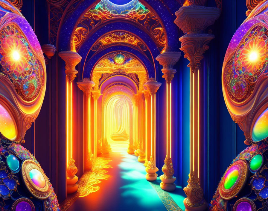 Fantastical corridor with ornate pillars and mysterious glow