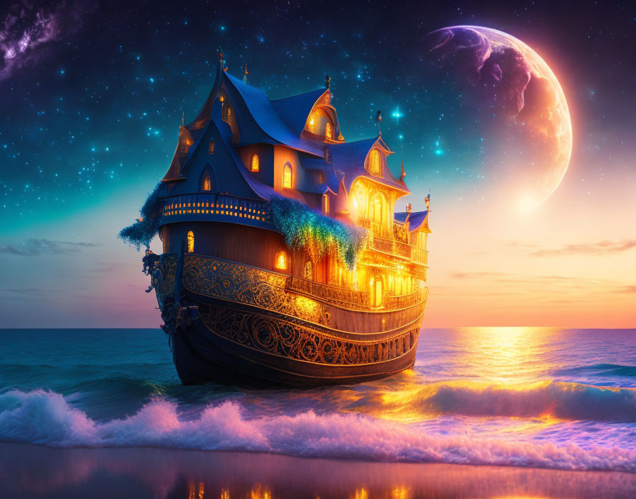 Ornate ship with glowing windows sailing on tranquil sea at sunset