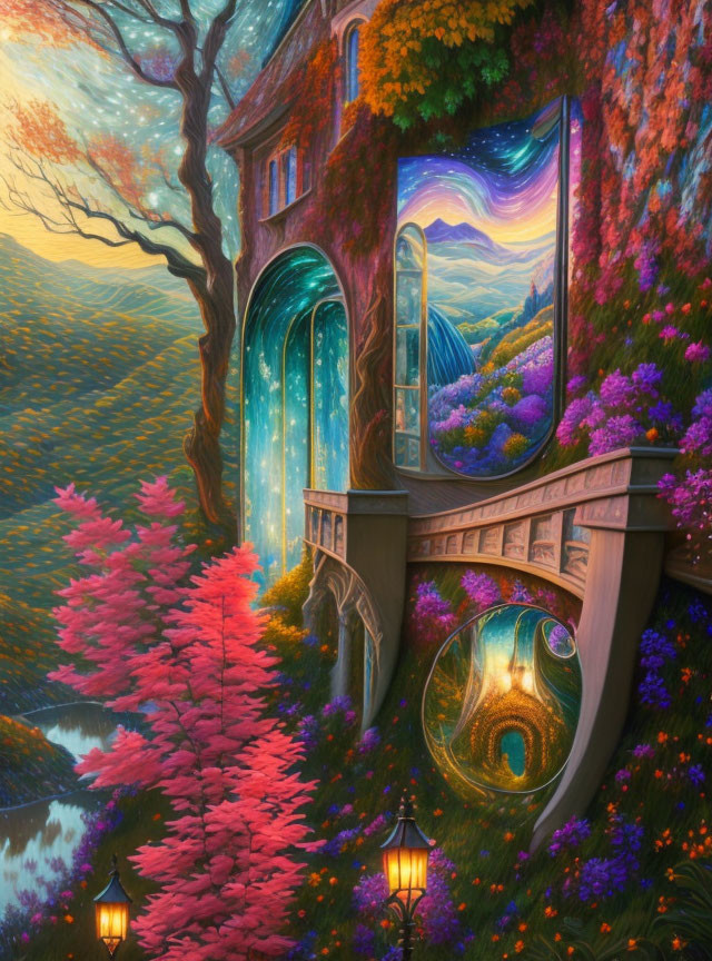 Vibrant fairy-tale house painting with glowing windows and surreal starry sky.