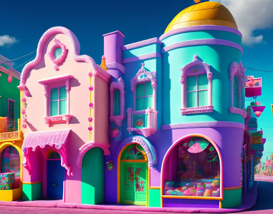 Vibrant Pink and Blue Buildings with Ornate Detailing