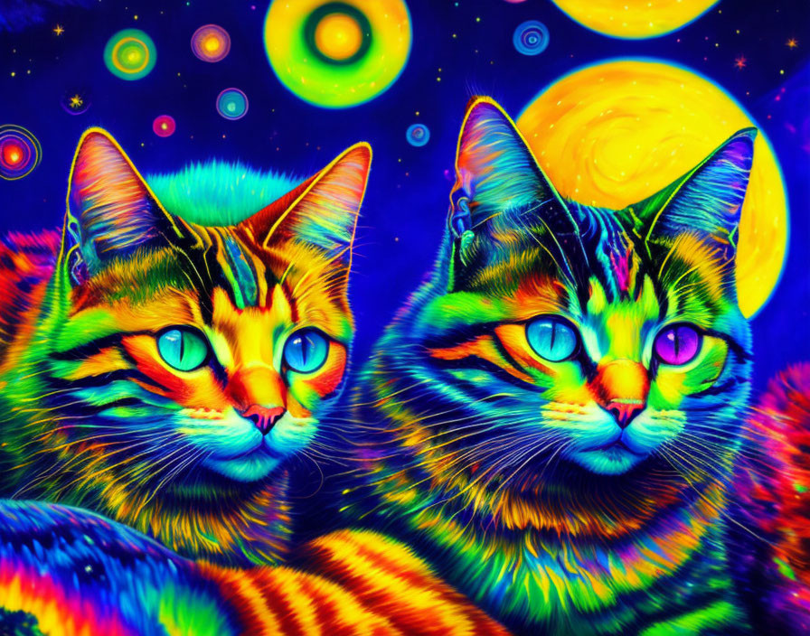 Colorful digital artwork featuring two cats in cosmic setting