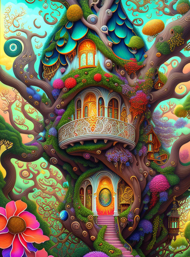 Whimsical Treehouse Surrounded by Vibrant Nature