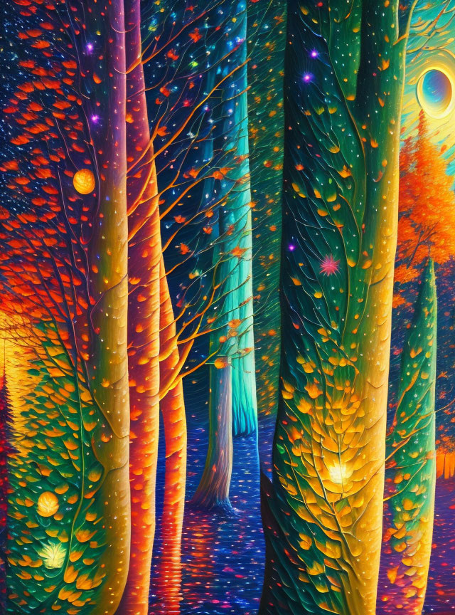 Colorful Glowing Forest with Starry Sky and Luminous Orbs