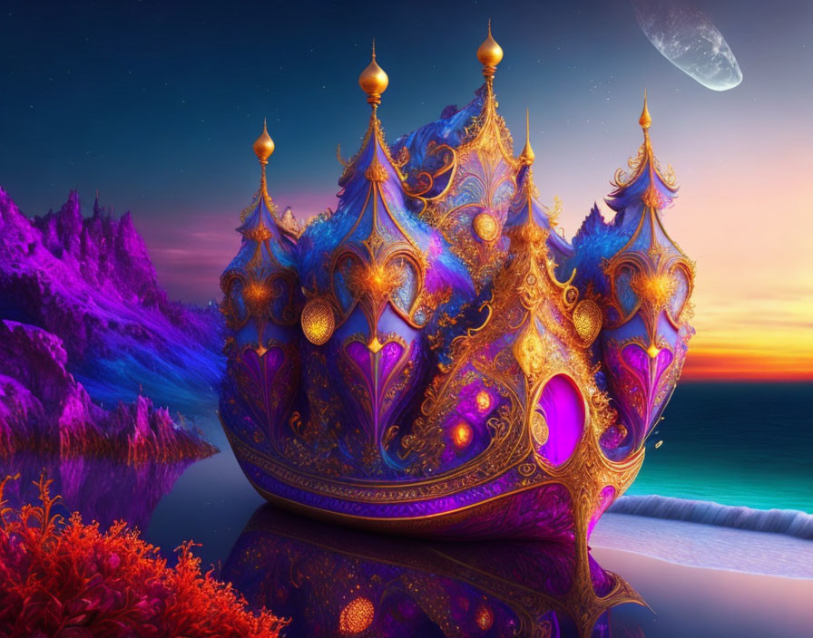 Intricate golden crown on purple and orange landscape under crescent moon