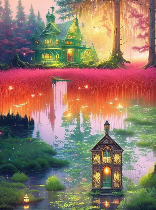 Enchanting pink forest cottage with glowing water gazebo