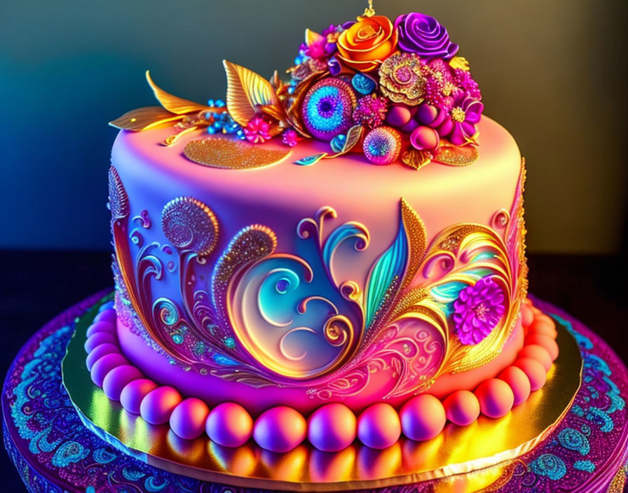 Colorful Paisley Design Cake with Flower Arrangement on Golden Base