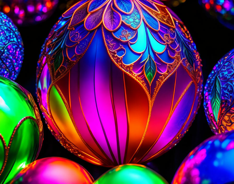 Colorful illuminated decorative eggs with intricate patterns on dark background