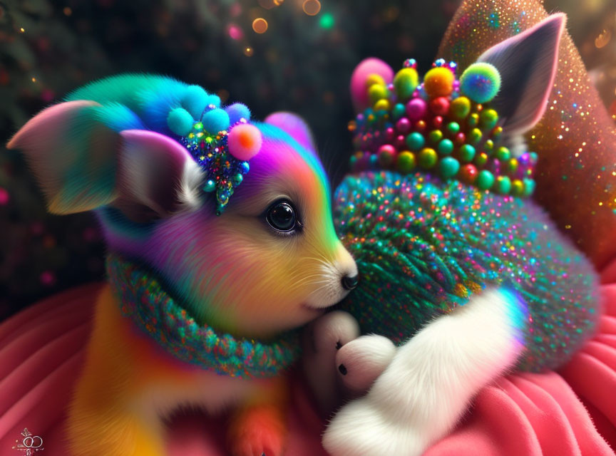 Colorful whimsical furry creature with beads and scarf on sparkling background