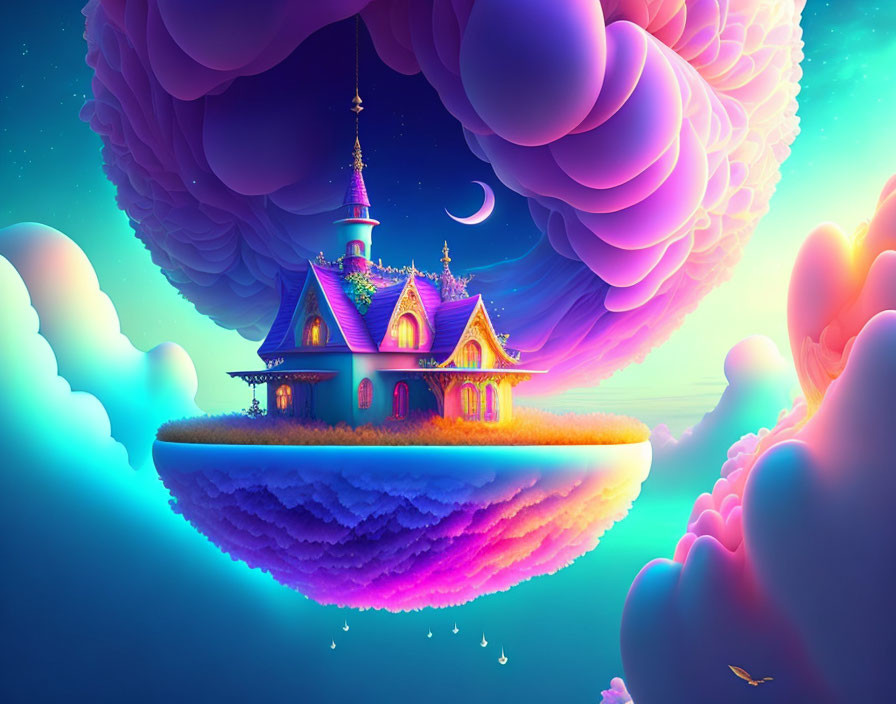 Floating island with fairy-tale castle in purple clouds under crescent moon