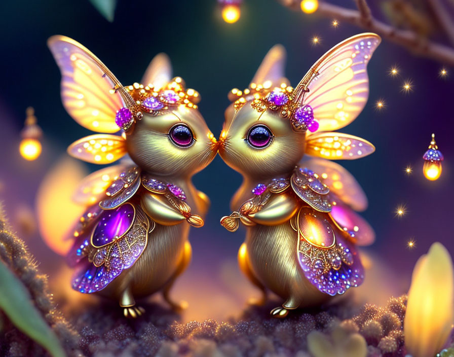 Whimsical creatures with butterfly wings and jewels in enchanted setting