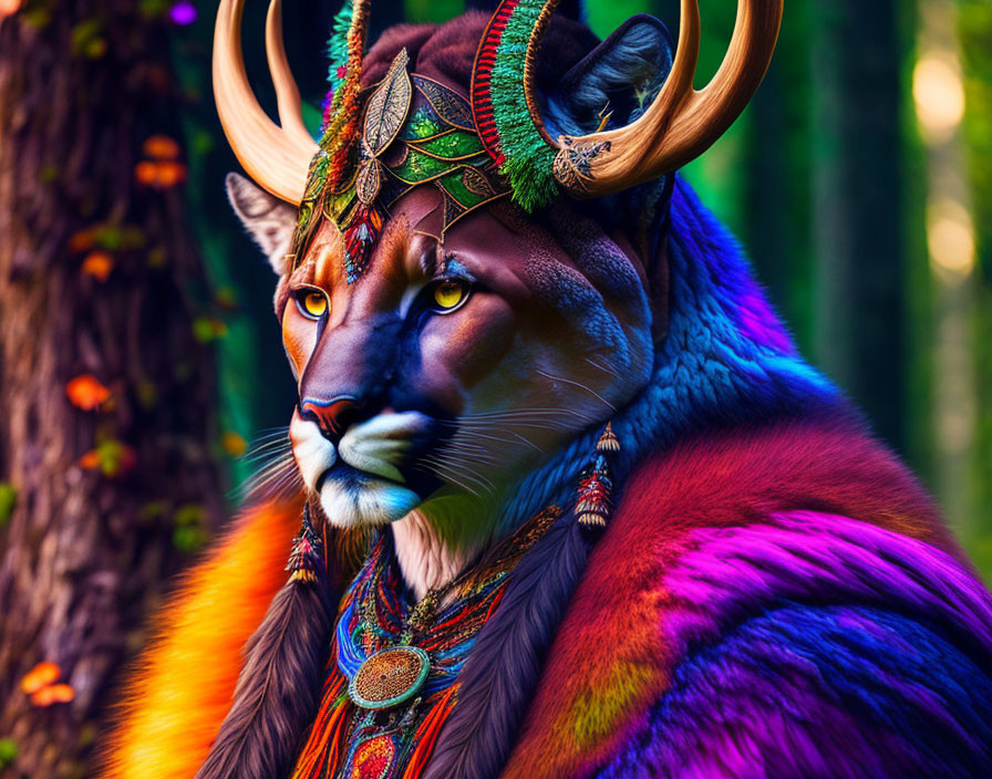 Colorful fantasy creature with lion face and antlers in mystical forest