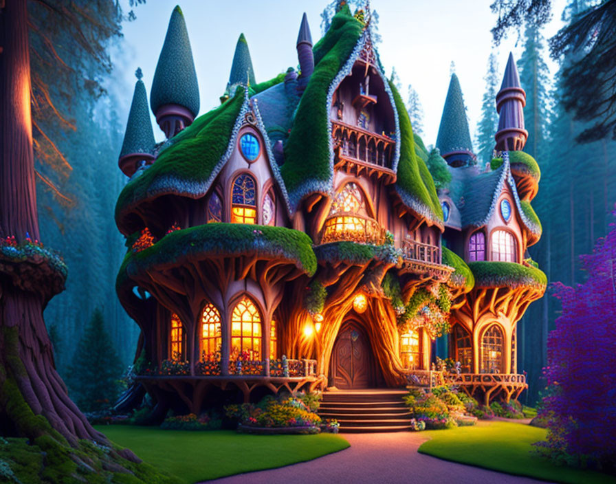 Enchanting fairy-tale cottage in twilight forest