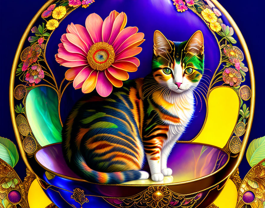 Colorful Calico Cat in Purple and Gold Cup with Floral Motifs